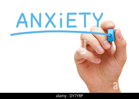 La main de l'anxiété avec marqueur bleu sur transparent essuyer. Banque D'Images