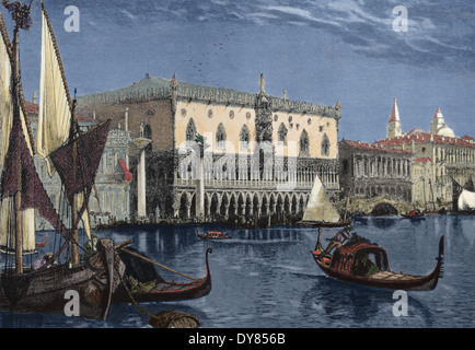 L'Italie. Venise. Palais des Doges. Gravure, 19ème siècle. Plus tard la couleur. Banque D'Images