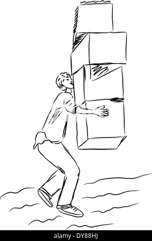 Sketch : man carrying boxes. Hand drawn vector illustration. Banque D'Images