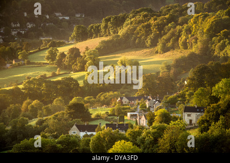 Tôt le matin, vue sur la vallée d'or de Rodborough Common, Stroud, Gloucestershire, Royaume-Uni Banque D'Images