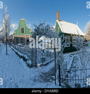 Pays-bas, la Hollande, l'Europe, Hollande du Nord, Zaandijk, ville, village, hiver, neige, glace, jardin, gel, typiques maisons en bois Banque D'Images