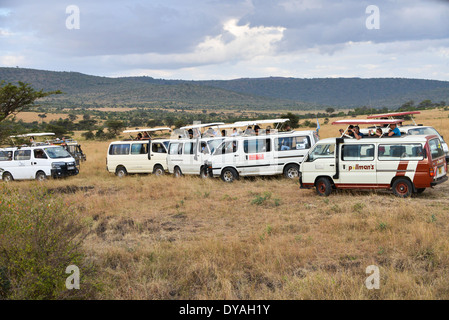 Un groupe de touristes en cars observation de la faune dans le Masai Mara, Kenya, Afrique Banque D'Images