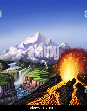 Un montage de quelques-unes des caractéristiques de la terre y compris un volcan, rivière, tempête et les montagnes. Banque D'Images