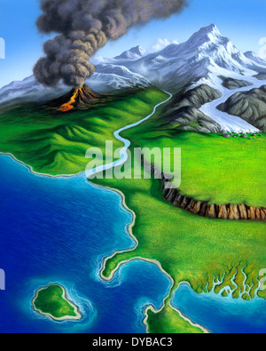 Un montage de quelques-unes des caractéristiques de la terre y compris un volcan, rivière, tempête et les montagnes. Banque D'Images