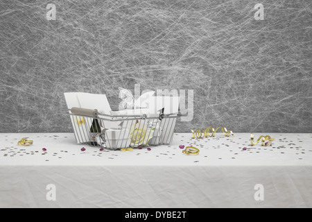 Faveurs de mariage dans un panier sur une nappe blanche avec des rubans,bows,coeur confettis et petites décorations de table diamant Banque D'Images