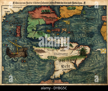 La carte du Nouveau Monde, 1550 Die Inseln neuwen, afin d'entraver Hispanien gegen dem bey Orient Inde terres ligen. Sebastian Münster, 1550 Banque D'Images