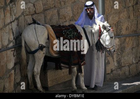 Tunique homme en arabe et de l'âne, Jérusalem, Israël Banque D'Images