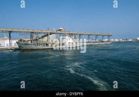 Port de Sfax, Tunisie, vraquier navire est chargé avec du phosphate qui contient des métaux lourds comme le cadmium et le phosphore. Le phosphore est utilisé comme engrais important dans l'agriculture, le phosphate est extrait dans des mines de la Compagnie des Phosphates de Gafsa CPG Banque D'Images