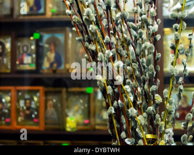 Luhansk, Ukraine. 13 avr, 2014. Les croyants orthodoxes participent au Dimanche des Rameaux, en Ukraine cette maison de vacances symbolise l'épanouissement des branches de saule, de la célébration à l'intérieur d'une église proche du bureau régional de l'Ukrainien du Service de sécurité à Luhansk --- aujourd'hui, les croyants orthodoxes participent à la célébration des Rameaux. Des activistes de Pro-Ukrainian "rallye pour United Ukraine' un kilomètre de l'Ukrainian bureau régional du Service de sécurité à Luhansk. La journée passa suspensefully. Crédit : Igor Golovnov/Alamy Live News Banque D'Images