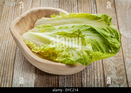 Frais des feuilles de laitue romaine dans un bol en bois rustique Banque D'Images