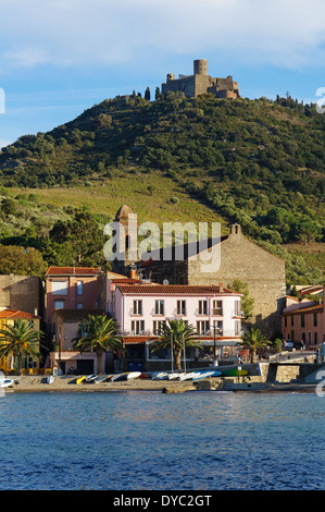 Plage avec de petites embarcations dans le village de Collioure et fort Saint-Elme sur la colline, mer Méditerranée, Roussillon, France Banque D'Images