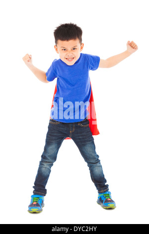 Super héros enfant souriant bras ouverts sur fond blanc Banque D'Images