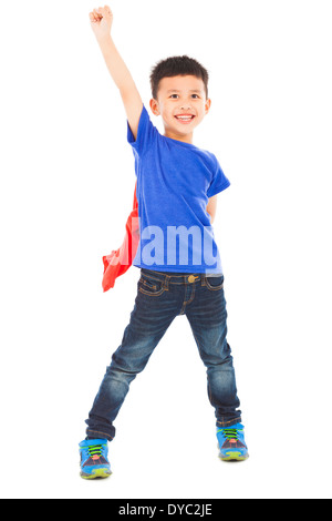 Super-héros héros asiatiques heureux enfant lever la main Banque D'Images