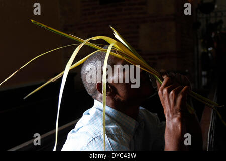 Santo Domingo, République dominicaine. 13 avr, 2014. Un homme détient une succursale de palm lors de la célébration du Dimanche à Palm la ville de Santo Domingo, capitale de la République dominicaine, le 13 avril 2014. Le dimanche des Rameaux marque le début de la Semaine Sainte dans le calendrier catholique romain. Credit : Roberto Guzman/Xinhua/Alamy Live News Banque D'Images