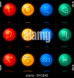 Illustrations d'Astrologie des douze signes du zodiaque dans des sphères colorées. Banque D'Images