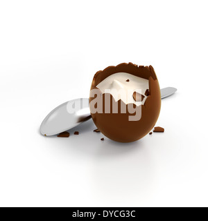 Illustration de crashed œuf en chocolat à la crème avec cuillère derrière - illustration de rendu 3D sur fond blanc Banque D'Images
