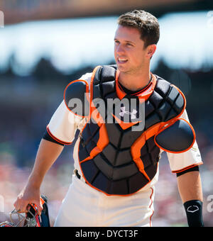 20 avril 2013 : San Francisco Giants catcher Buster Posey (28) en action au cours de la MLB baseball match entre les Rockies du Colorado et les Giants de San Francisco à AT&T Park à San Francisco CA. Les géants vaincus les Rocheuses 5-4. Damon Tarver/Cal Sport Media Banque D'Images