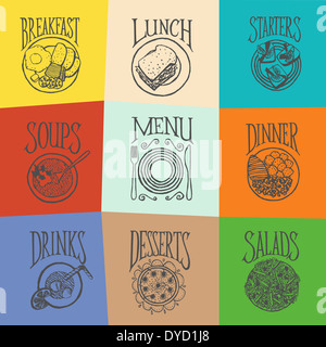 L'icône de menu repas style Latino - dessins noirs sur la mosaïque de couleurs Banque D'Images