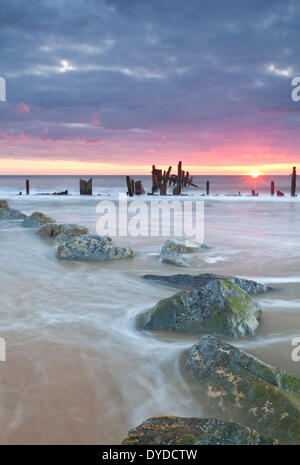 Happisburgh beach et la défense de la mer à l'abandon au lever du soleil sur la côte de Norfolk. Banque D'Images