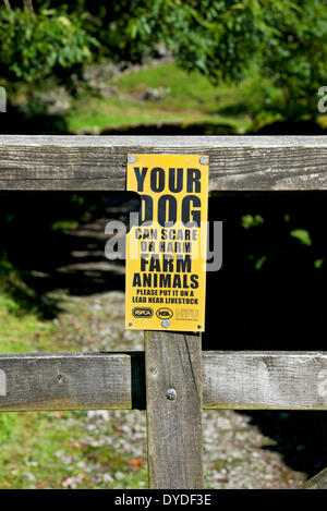 Panneau d'avertissement pour les promeneurs de chiens sur une barrière en bois. Banque D'Images