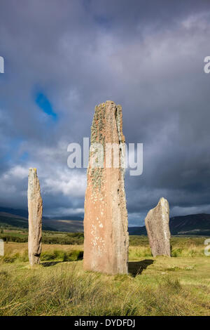 Menhirs néolithiques à Machrie Moor datant de l'âge de bronze. Banque D'Images