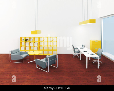 Et tout simplement l'intérieur moderne avec un coin bureau avec plancher en bois de cerisier et d'accentuation des couleurs jaune - illustration 3D render Banque D'Images