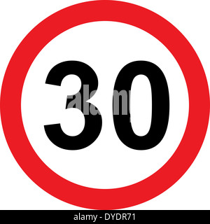 Limitation de vitesse 30 road sign on white background Banque D'Images