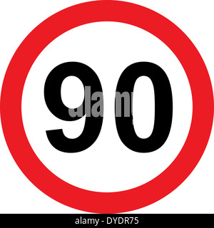 Limitation de vitesse 90 road sign on white background Banque D'Images