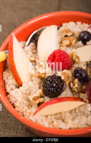 Bol de coupe Acier avoine servi avec des fruits et du miel Banque D'Images