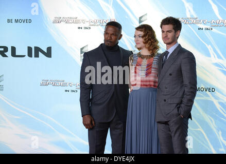 BERLIN, ALLEMAGNE, 15 avril 2014. Jamie Foxx, Emma Stone et Andrew Garfield assiste à la "The Amazing Spider-Man 2' Première mondiale dans le Sony Center sur la Potsdamer Platz, le 15 avril 2014 à Berlin, Allemagne. Credit : Janne Tervonen/Alamy Live News Banque D'Images