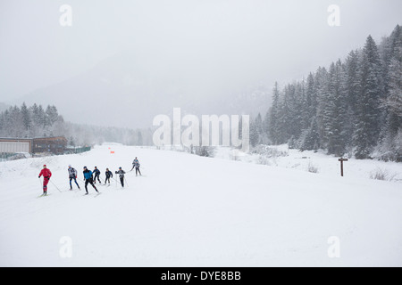 Les gens nordic ski / cross country ski à 'le Domaine Nordique de la vallée de Chamonix Mont Blanc'. Banque D'Images