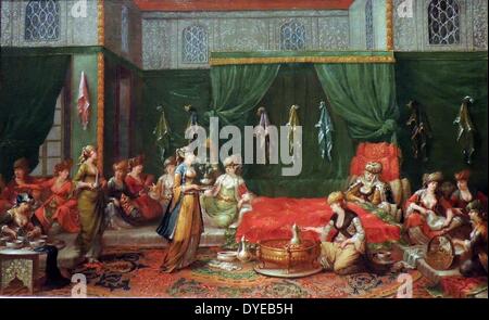 Lying-in Prix d'une femme turque distingué par Jean Baptiste Vanmour (1671-1737), huile sur toile, c. 1720-1737. Une visite de la maternité se déroule dans la maison d'une famille de le faire. Café s sur un brasero au milieu de la chambre, tandis qu'à gauche un esclave est occupé à préparer un sorbet. Une fois que les invités ont prend ces rafraîchissements qu'ils sont offerts à partir d'eau de rose un arroseur pour nettoyer leurs mains, et d'un vaporisateur de parfum. Les chiffons accroché au mur sont des cadeaux traditionnels de la part des visiteurs. Banque D'Images