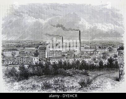 Bessbrook Mills et village, le comté Armach, l'Irlande, mis au point à la mi-xixe siècle par le Quaker, John Grubb Richardson. Elle comprenait une maison de réunion, chapelles, églises, dispensaire, l'école, et de travailleurs mais pas de public house cottages. Appelé l'Irish Saltaire. La gravure, London, c1885. Banque D'Images