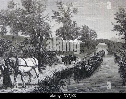 Horse- et de l'âne-dessiné péniches. Scène typique sur le Grand Junction et Regent's Canal, gravure sur bois en Angleterre, Londres, 1874. Banque D'Images