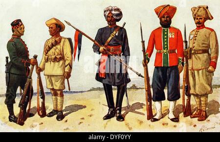 Image illustration montrant les différents types d'armée indienne. À l'époque de la Grande Guerre européenne. 5 uniformes différents montrant la vraie gamme de types. Par R. Simkin Banque D'Images