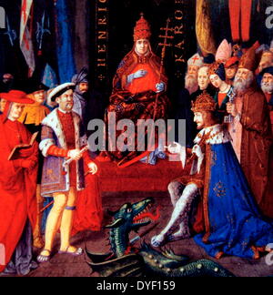 Peinture de Henry VIII avec Charles Quint et le Pape Léon X. Circa 1520. Huile sur toile. Artiste inconnu. Banque D'Images