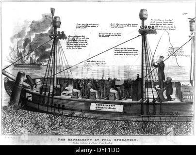 L'expérience en pleine opération. La satire de caricature politique Président Jackson politique du trésor fédéral et vice-président Van Buren's influence sur le programme budgétaire de l'administration. La caricature prend un point de vue très anti-Jackson et imagine de lui comme maître des esclaves d'un navire destiné à couler. Lithographie sur papier vélin. Circa 1833. Banque D'Images