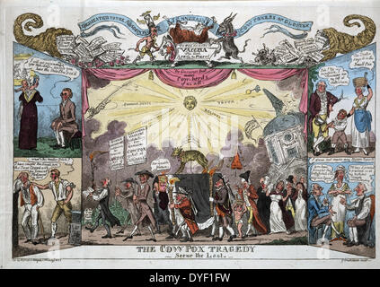 La tragédie du cowpox - la dernière scène par George Cruikshank, 1792 à 1878, artiste 1812. Procession funéraire montrant coffin marqués 'vaccin' de plus de 12 ans sur lequel se dresse un veau d'or ; quatre vignettes, deux de chaque côté, présente des scènes réalistes liées à la varicelle de vache Banque D'Images