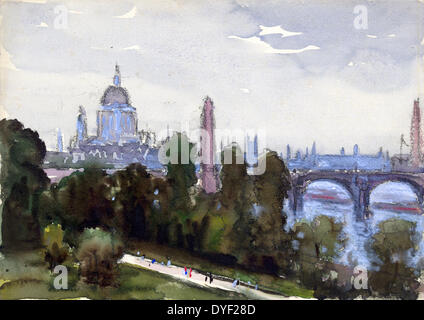 À Saint Paul's de ma fenêtre par Joseph Pennell, 1857-1926, l'artiste. Vue de Saint Paul's et d'autres tours de Londres et les ponts, sur les arbres verts sur le remblai. Les couleurs, vert, noir, marron, gris, crème, rose, violet, rouge, blanc et bleu, sur papier blanc. Obélisque rose visible en centre, avec passage de crème dans les figures de premier plan. extrême Daté entre 1890 et 1923 Banque D'Images