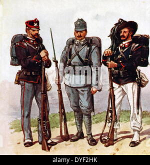 Image illustration montrant les différents types de l'armée italienne. Durinig l'époque de la Grande Guerre européenne. 5 uniformes différents montrant la vraie gamme de types. Illustré par l'artiste prolifique et populaire Richard Simkin (1850-1926) dans la première partie du xxe siècle. Banque D'Images