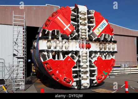 Copenhague, Danemark, 16 avril 2014. La tête de coupe rotative sur la dernière des quatre machines géantes d'alésage de tunnel soumises aux essais finaux avant d'être mise en service. Dans les quatre années à venir, deux nouvelles lignes du métro de Copenhague formeront un anneau géant sur les lignes actuelles du métro et formeront une toute nouvelle ligne circulaire de 15,5 km. Quatre machines d'alésage de tunnel ou plutôt 800 tonnes lourdes et 100m de long sous-sol des usines géantes ne sont pas seulement tunnel le 15,5 km à la profondeur de 40m, mais enlever le muck et de créer un tunnel de béton scellé comme ils vont. Crédit: Niels Quist/Alay Banque D'Images