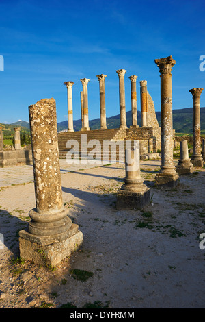 Les colonnes de temple capitolin Corintian Site archéologique de Volubilis, Maroc Banque D'Images