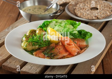 Gravlax salade avec des plats suédois pain croustillant Banque D'Images
