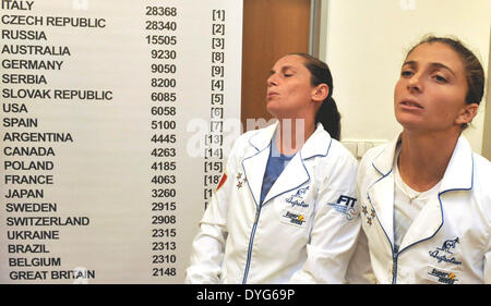 Ostrava, République tchèque. Apr 16, 2014. De gauche à droite : les joueurs de tennis Italienne Roberta Vinci et Sara Errani au cours d'une conférence de presse avant la demi-finale de Fed Cup contre la République tchèque, l'Italie, à Ostrava, en République tchèque, le 16 avril 2014. © Jaroslav Ozana/CTK Photo/Alamy Live News Banque D'Images