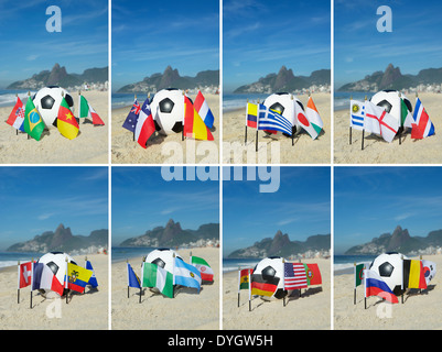 Le football international Groupe pays drapeaux avec ballon de soccer sur la plage d'Ipanema à Rio de Janeiro Brésil Banque D'Images