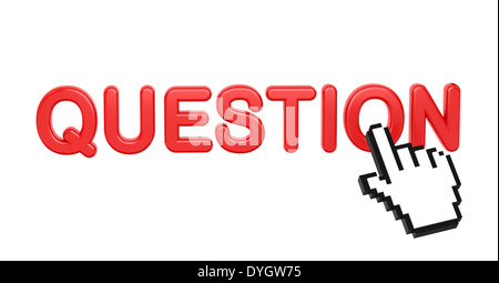 Question - 3D Rouge mot avec curseur Main sur fond blanc. Banque D'Images