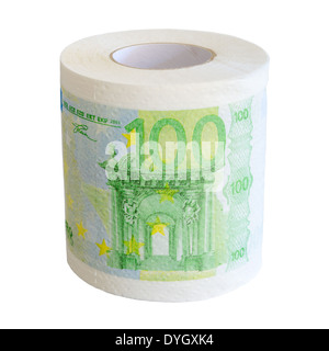 100 billets en rouleau de papier toilettes isolé sur fond blanc Banque D'Images