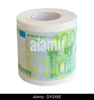 Papier toilette rouleau de 100 Euro bank Notesl'isoler sur fond blanc Banque D'Images