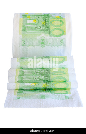 Rouleau de papier toilettes déroulé avec imprimé sur les billets de banque de 100 euros isoler Banque D'Images