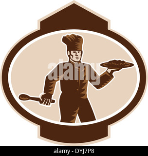 Illustration d'un chef de cuisine, cuisinier ou baker holding plat de service plateau de nourriture et spatulal cuillère ovale situé à l''intérieur isolé sur backg Banque D'Images